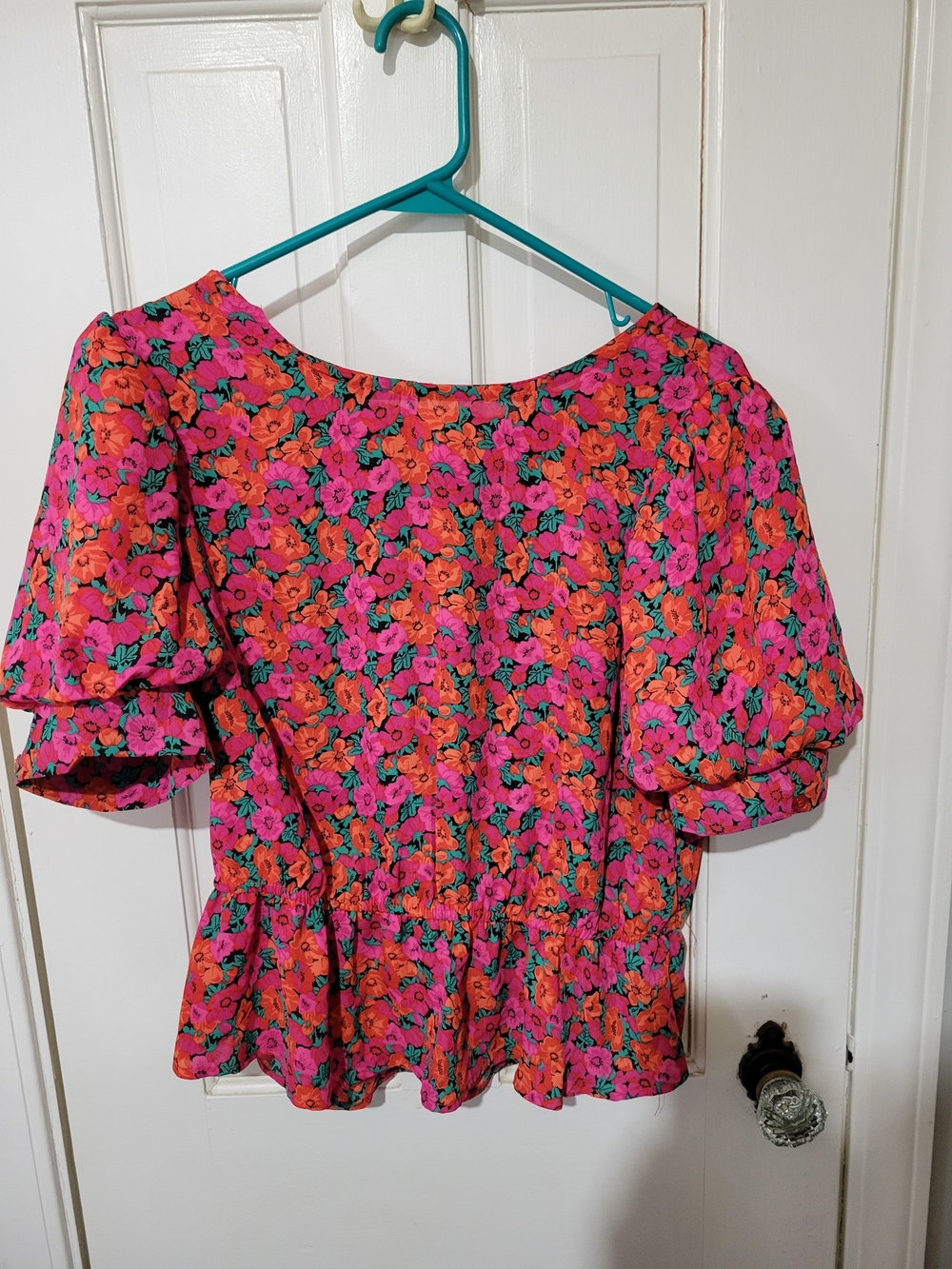 Floral Puff Sleeve Peplum Top - Pink & Orange